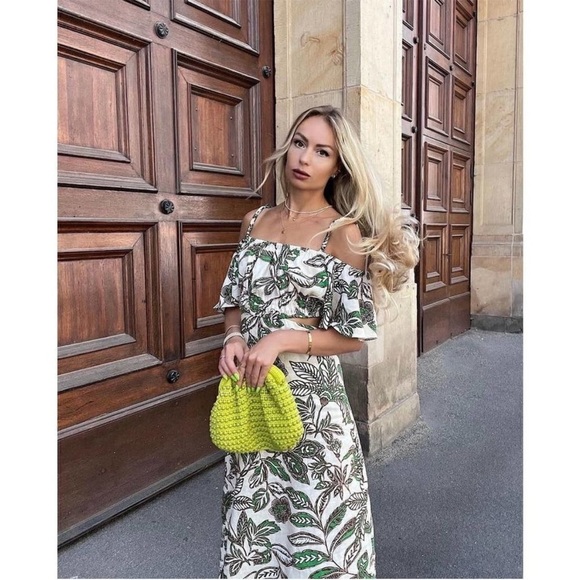 Zara Floral Leaf Print Linen Blend MIDI dress size small boho bloggers favorite - Picture 4 of 15